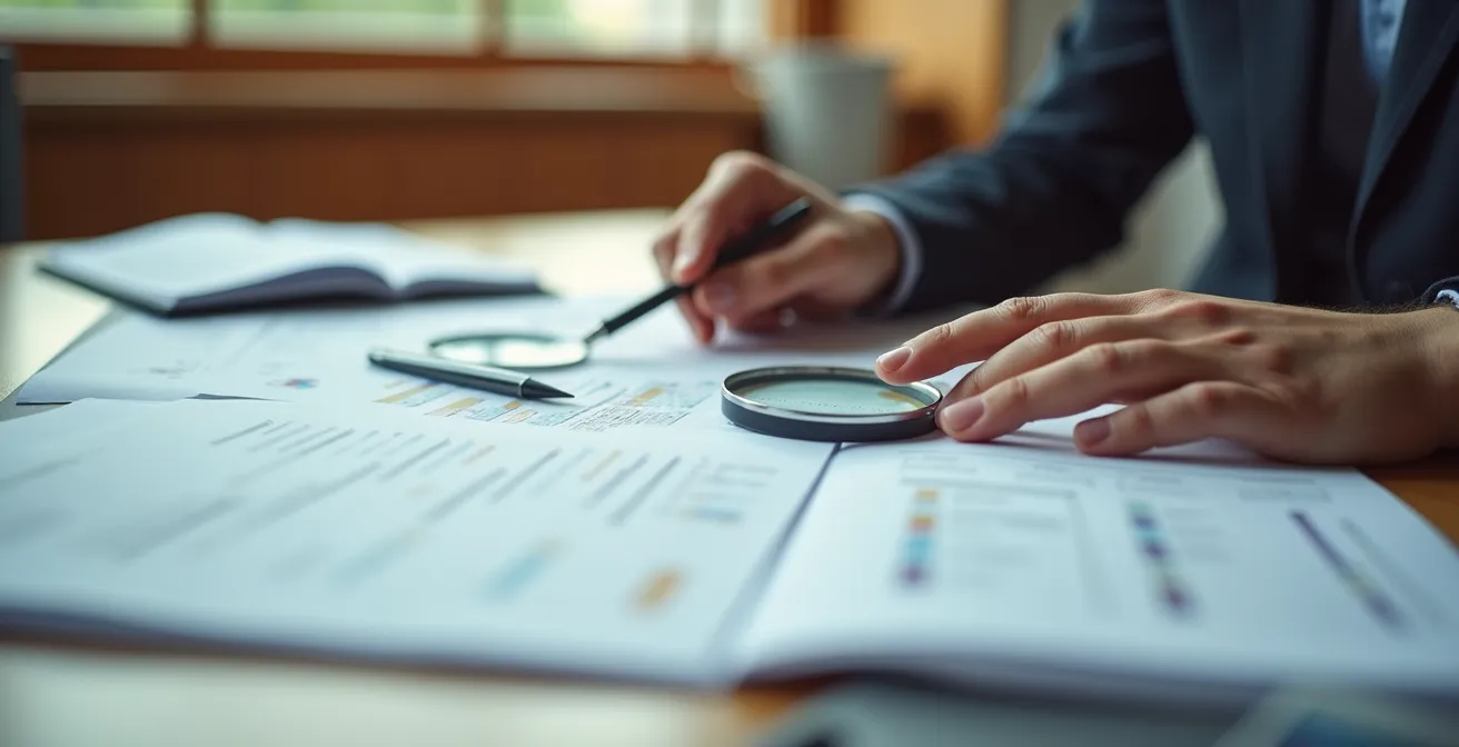 Mains analysant des documents juridiques avec loupe, arrière-plan flou