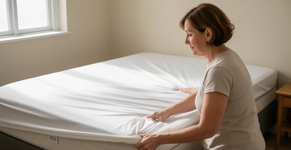 Installation d'une housse protectrice sur matelas avant traitement puces de lit