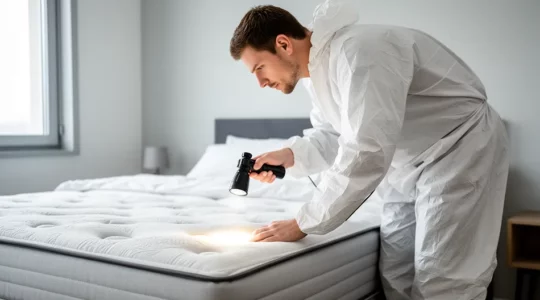 Technicien désinsectiseur inspectant un matelas lors d'un diagnostic puces de lit