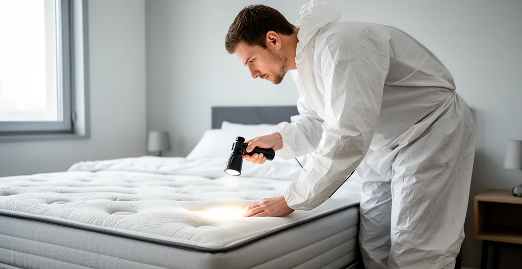 Technicien désinsectiseur inspectant un matelas lors d'un diagnostic puces de lit