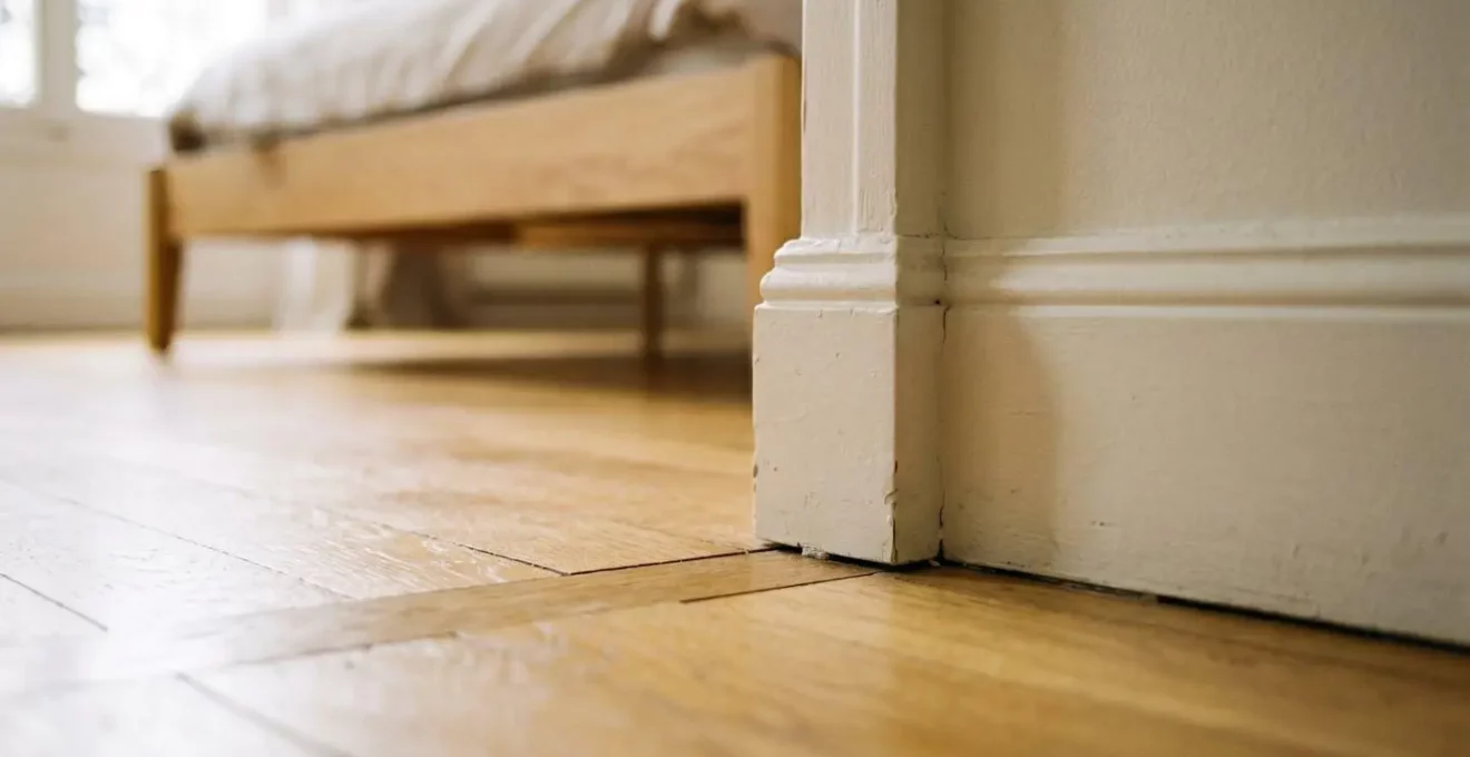 Jonction entre plinthe blanche et parquet révélant les interstices où se cachent habituellement les punaises de lit