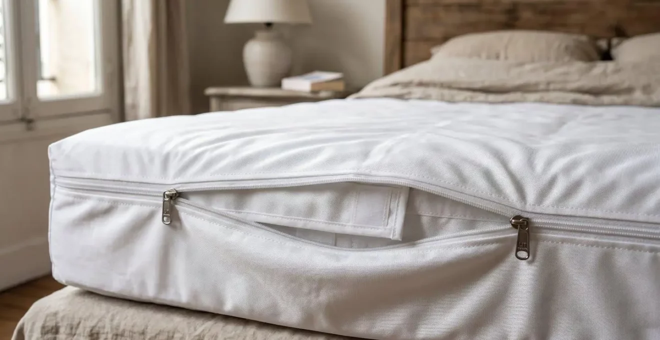 Matelas recouvert d'une housse anti-punaises hermétique avec fermeture éclair visible