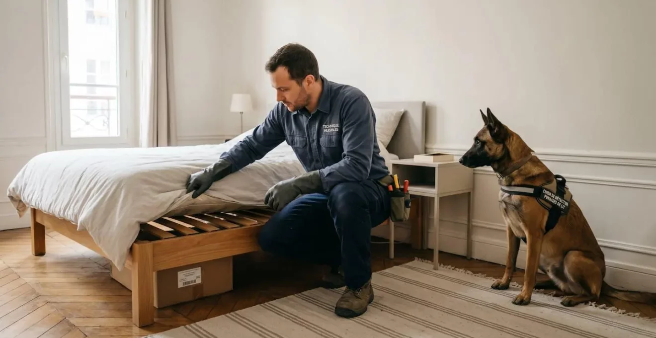 Technicien certifié inspectant un sommier avec un chien détecteur de punaises de lit assis en alerte près d'une plinthe dans une chambre française contemporaine