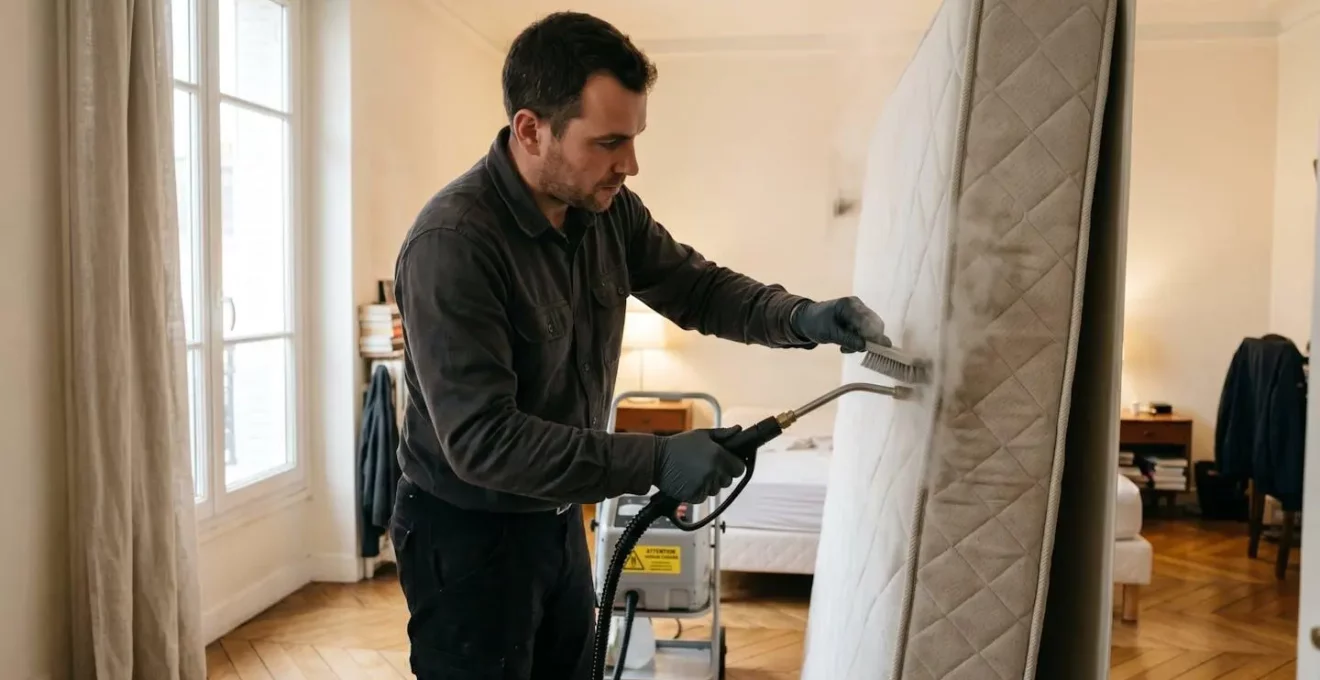 Technicien appliquant un traitement thermique par vapeur surchauffée sur les coutures d'un matelas